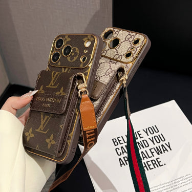 GG Premium Leather iPhone 17 Case with Card Holder and Shoulder Strap