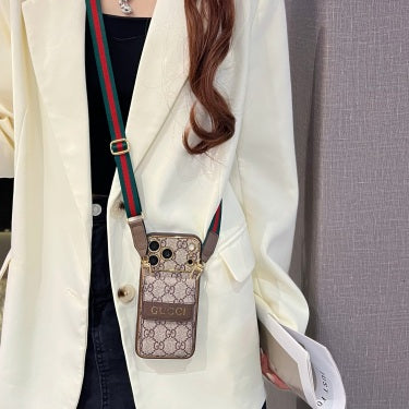 Premium GG Leather Card Holder Case with Strap for iPhone 12-18