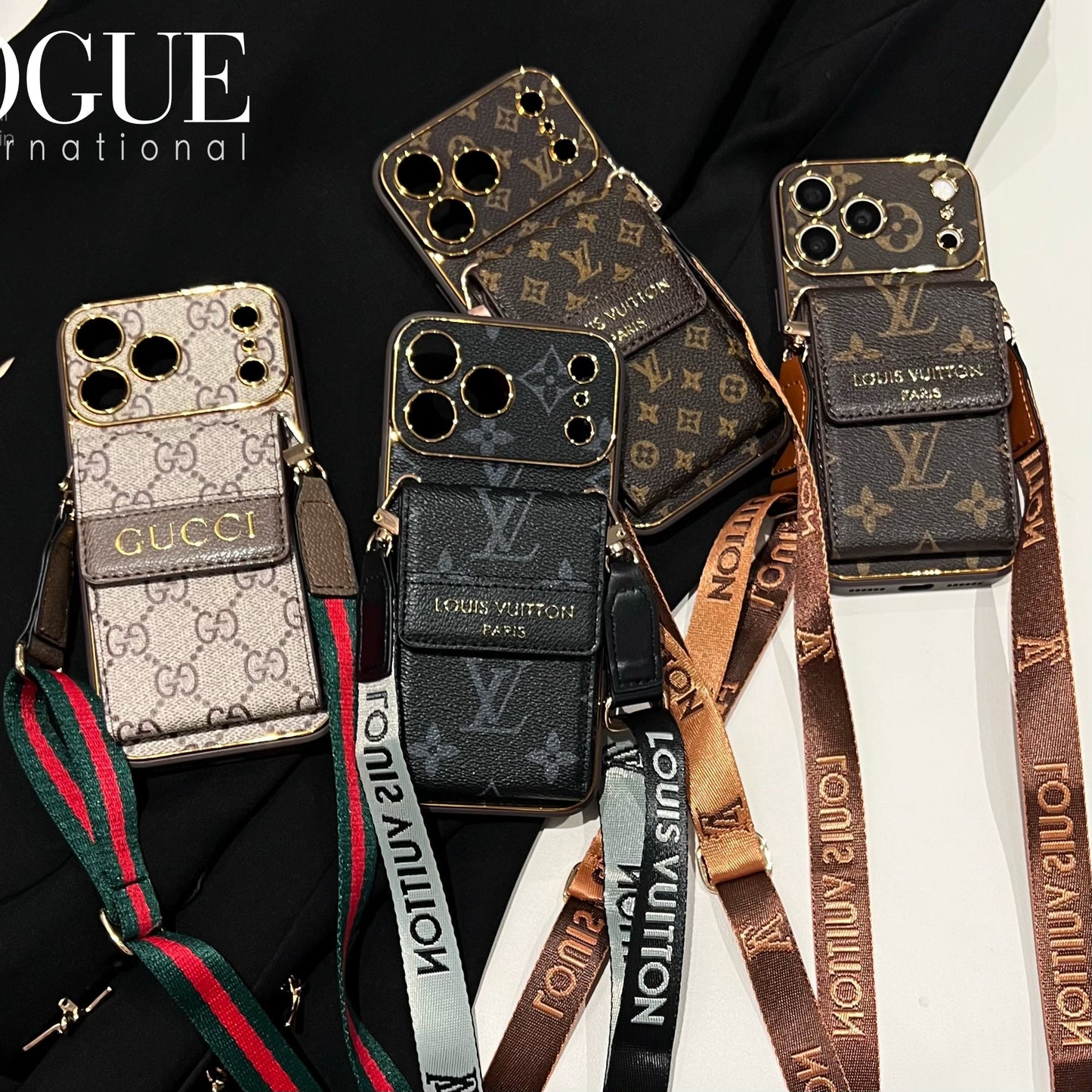 GG Premium Leather iPhone 17 Case with Card Holder and Shoulder Strap