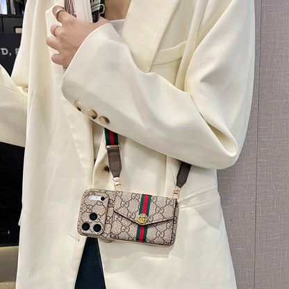Elegant Leather GG iPhone Case With Card Wallet And Crossbody Strap