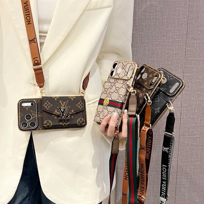 Elegant Leather GG iPhone Case With Card Wallet And Crossbody Strap