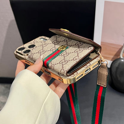 Elegant Leather GG iPhone Case With Card Wallet And Crossbody Strap