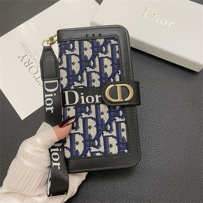 Luxury Monogram Canvas Wallet Case with Wristlet Strap for iPhone 12-17