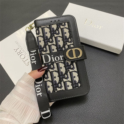 Luxury Monogram Canvas Wallet Case with Wristlet Strap for iPhone 12-17