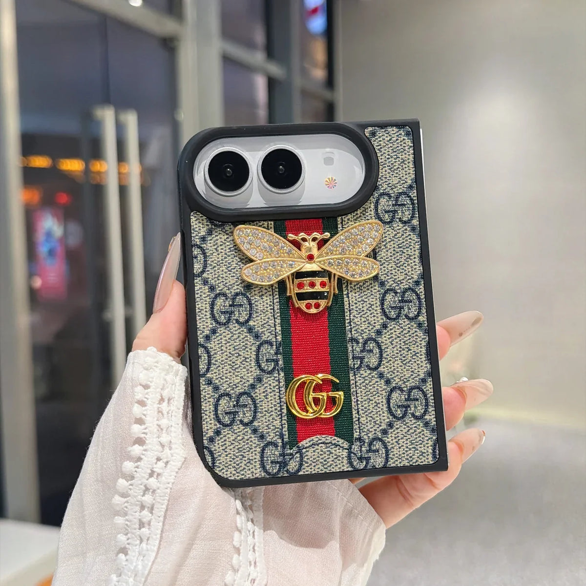 Luxury GG Monogram Bee Leather Case for iPhone Duo