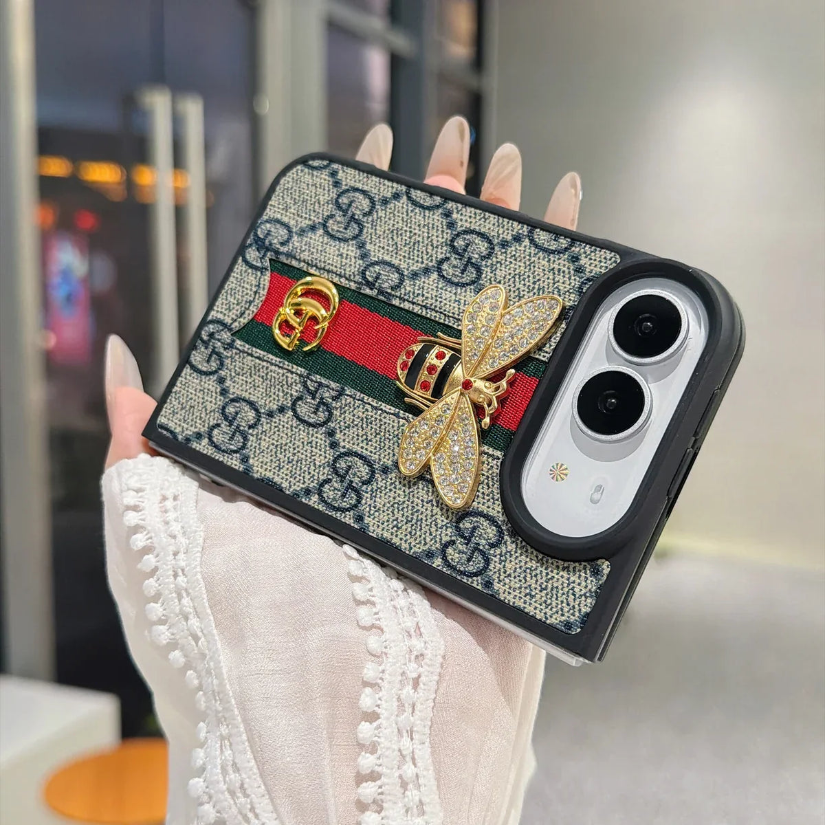 Luxury GG Monogram Bee Leather Case for iPhone Duo