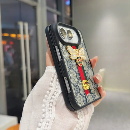Luxury GG Monogram Bee Leather Case for iPhone Duo