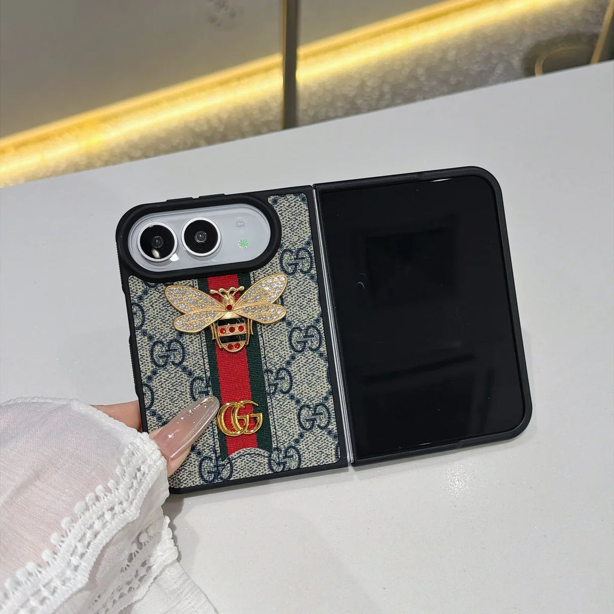 Luxury GG Monogram Bee Leather Case for iPhone Duo