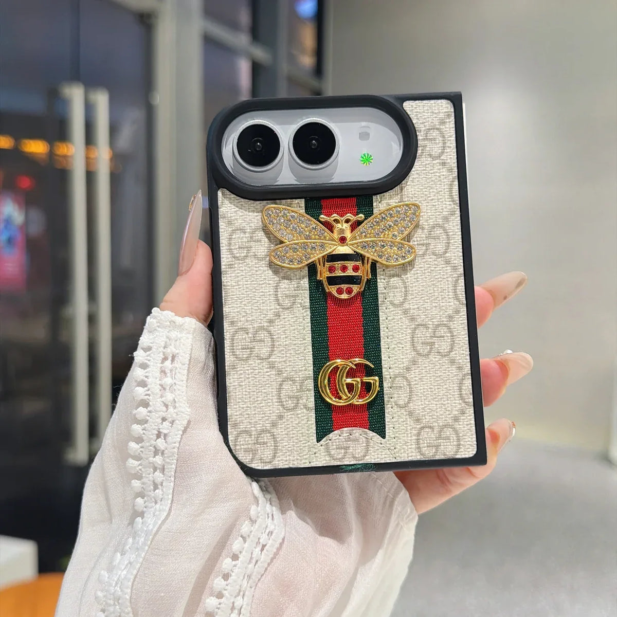 Luxury GG Monogram Bee Leather Case for iPhone Duo