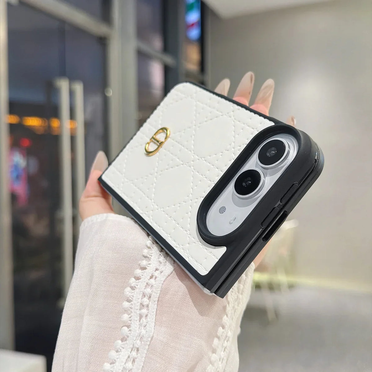 Luxury C Dior Quilted Leather Case with Gold Emblem for iPhone Duo