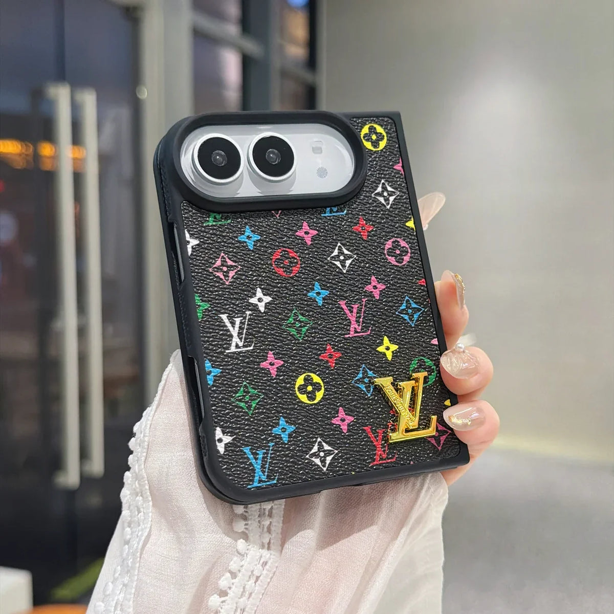 Luxury Classic LV Leather Case with Gold Emblem for iPhone Duo