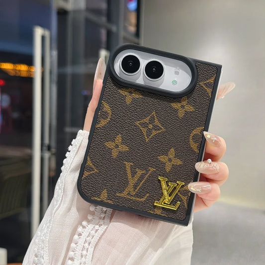 Luxury Classic LV Leather Case with Gold Emblem for iPhone Duo