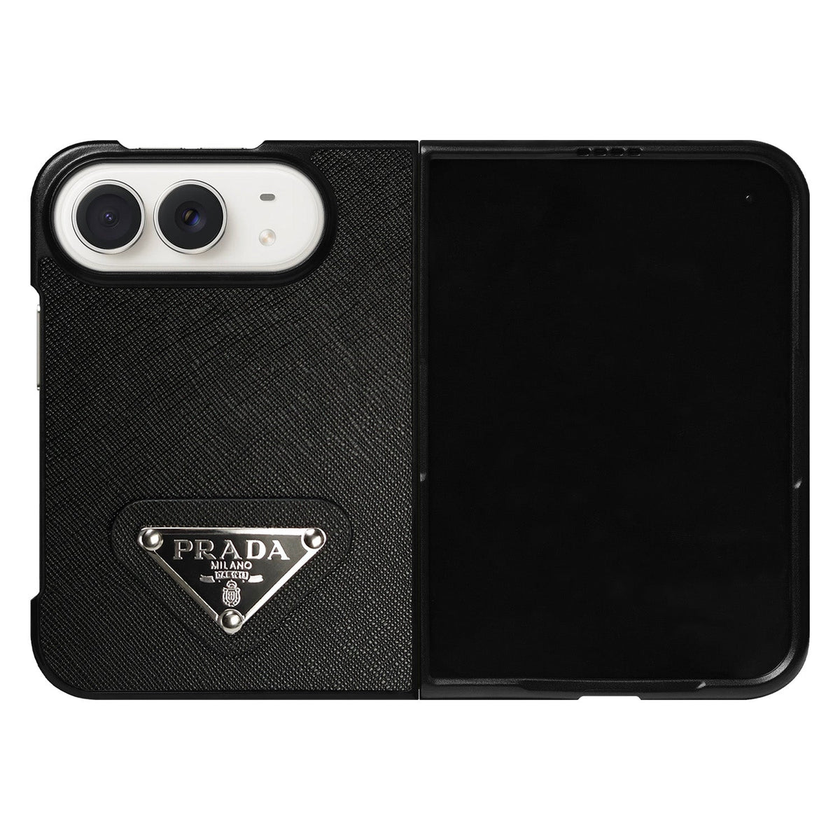 Luxury Textured Prada Leather Case with Black Metal Logo for iPhone Duo