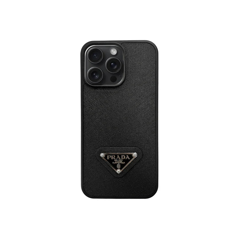 Premium Saffiano Leather Case with Metallic Badge for iPhone 12-17 Series