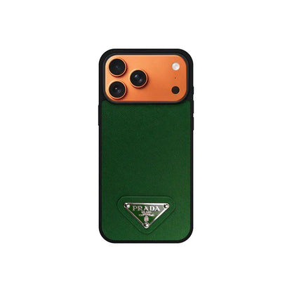 Premium Saffiano Leather Case with Metallic Badge for iPhone 12-18 Pro & Pro Max