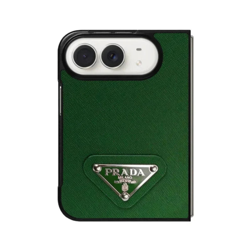 Luxury Textured Prada Leather Case with Green Metal Logo for iPhone Duo