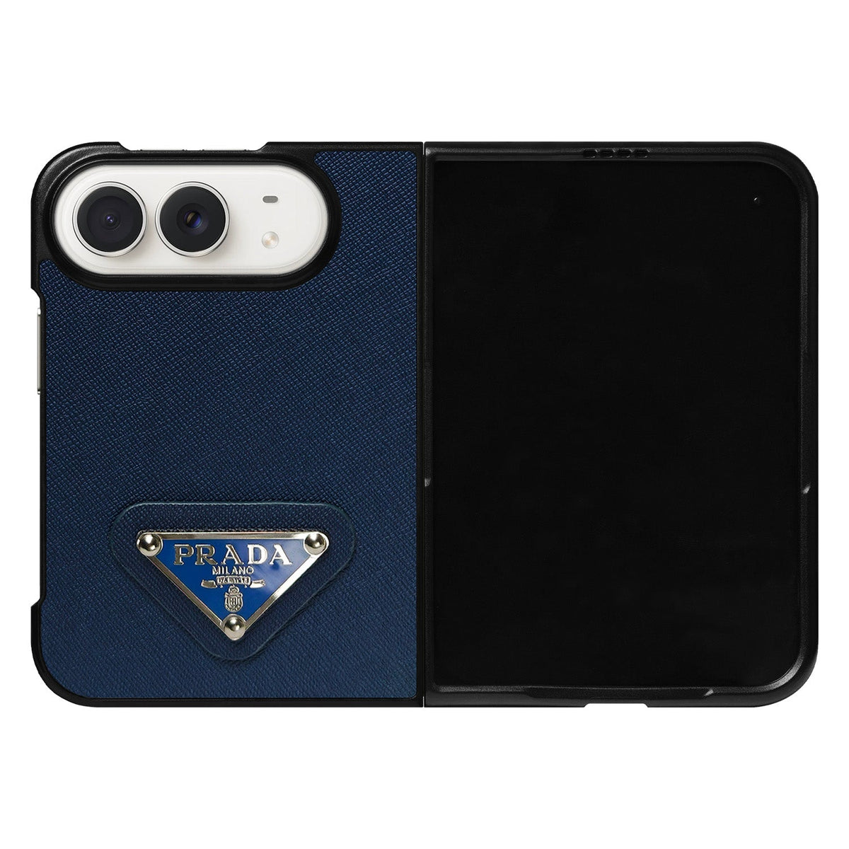 Luxury Textured Prada Leather Case with Blue Metal Logo for iPhone Duo