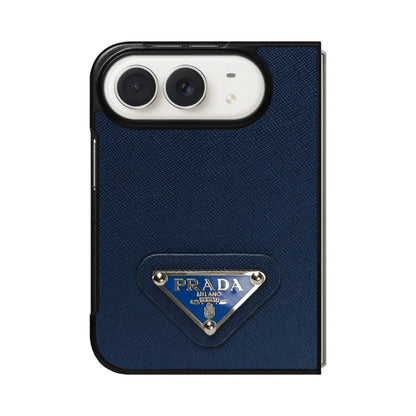 Luxury Textured Prada Leather Case with Blue Metal Logo for iPhone Duo