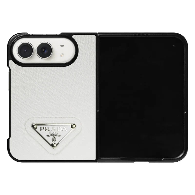 Luxury Textured Prada Leather Case with White Metal Logo for iPhone Duo