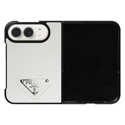 Luxury Textured Prada Leather Case with White Metal Logo for iPhone Duo