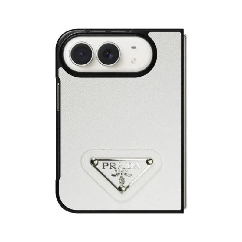 Luxury Textured Prada Leather Case with White Metal Logo for iPhone Duo