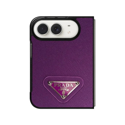 Luxury Textured Prada Leather Case with Purple Metal Logo for iPhone Duo
