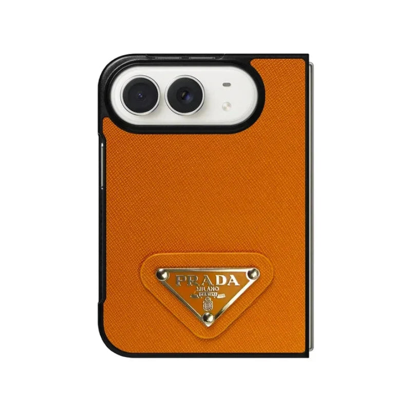 Luxury Textured Prada Leather Case with Orange Metal Logo for iPhone Duo