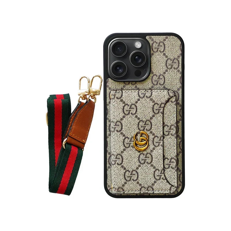 GG Brown Leather Card Holder Case with Lanyard for iPhone 12-18
