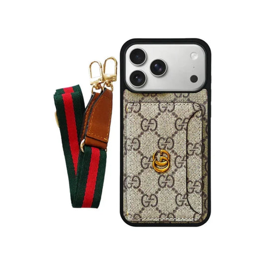 GG Brown Leather Card Holder Case with Lanyard for iPhone 12-18 Pro & Pro Max