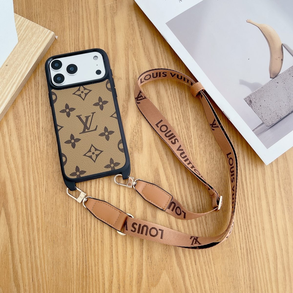 Luxury Monogram Phone Case with Detachable Strap for iPhone 12-17 Series