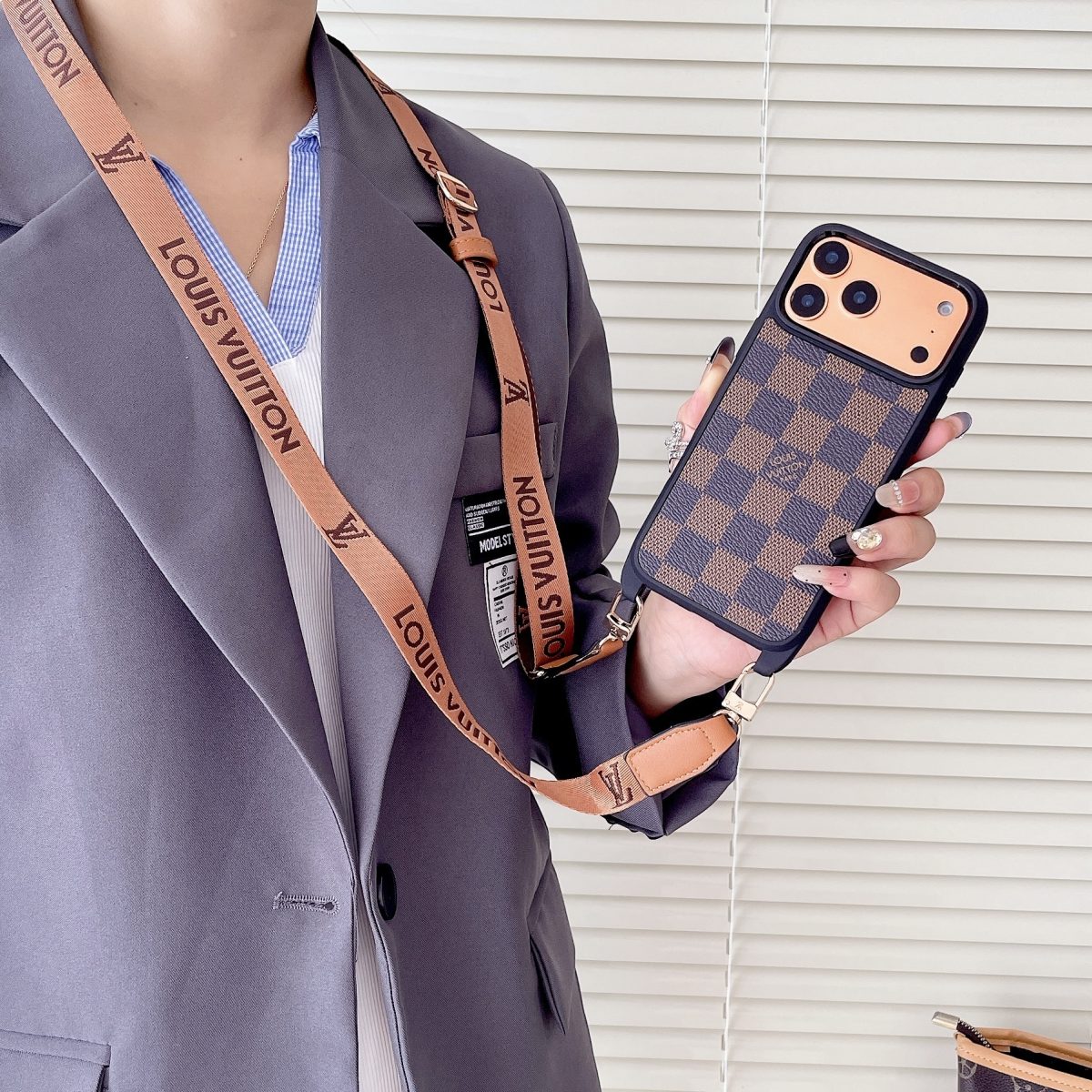 Luxury Monogram Phone Case with Detachable Strap for iPhone 12-17 Series