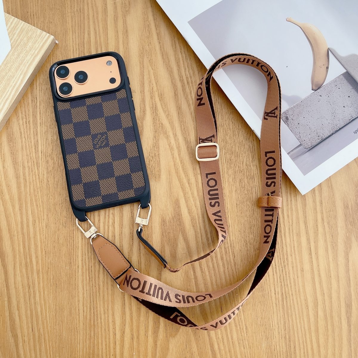 Luxury Monogram Phone Case with Detachable Strap for iPhone 12-17 Series