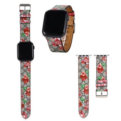 Luxury GG Leather Brown Flower Strap for Apple Watch