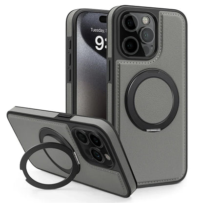 Magnetic Leather Case with 360 Degree Rotating Metal Ring Holder for iPhone 16 15 14
