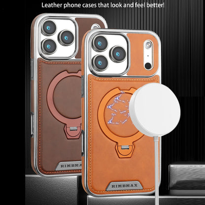 Magnetic Bracket Attraction Cowhide Leather Plating Phone Cover For iPhone 17/ 16/ 15/ 14