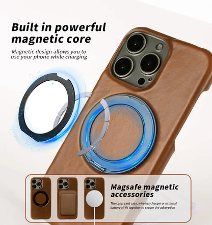 Luxury Genuine Leather Case with 360 Degree Rotating Magnetic Holder for iPhone 16 15 14