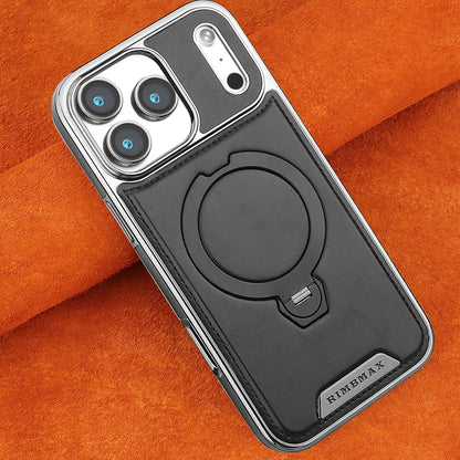Magnetic Bracket Attraction Cowhide Leather Plating Phone Cover For iPhone 17/ 16/ 15/ 14