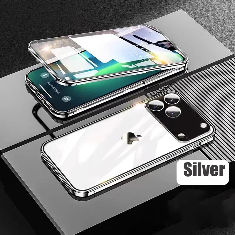 360 ° Full Protection Metal Magnetic Double-Sided Glass Snap Lock Phone Case For iPhone 17 / 16 / 15 / 14