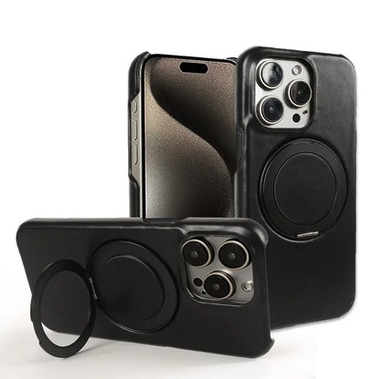 Luxury Genuine Leather Case with 360 Degree Rotating Magnetic Holder for iPhone 16 15 14