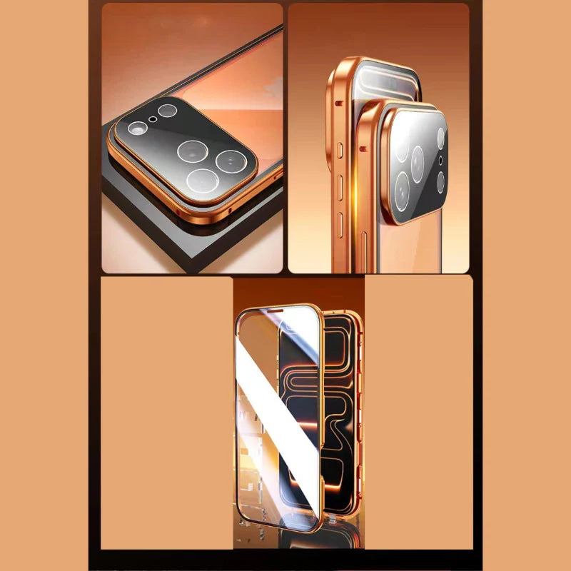 360 ° Full Protection Metal Magnetic Double-Sided Glass Snap Lock Phone Case For iPhone 17 / 16 / 15 / 14