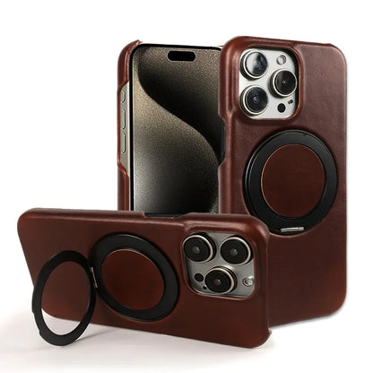 Luxury Genuine Leather Case with 360 Degree Rotating Magnetic Holder for iPhone 16 15 14