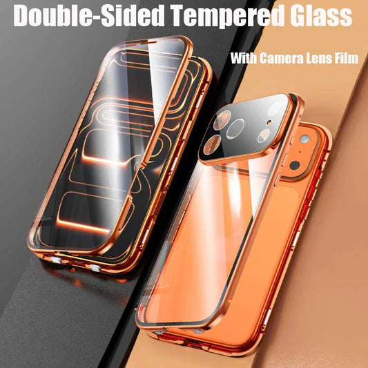 360 ° Full Protection Metal Magnetic Double-Sided Glass Snap Lock Phone Case For iPhone 17 / 16 / 15 / 14