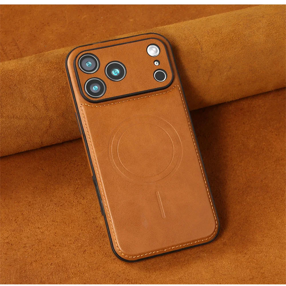 Luxury Strong Magnetic Leather Wireless Shockproof MagSafe Cover Phone Case For iPhone 17 / 16 / 15 / 14