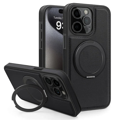 Magnetic Leather Case with 360 Degree Rotating Metal Ring Holder for iPhone 16 15 14