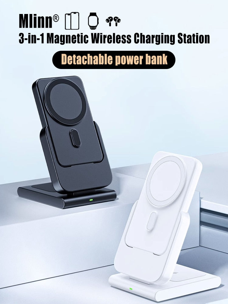 MacSafe 3 in 1 Magnetic Power Bank Wireless Charging Station 5000mAh External Auxiliary Battery For iPhone 14/13/12 Apple Watch