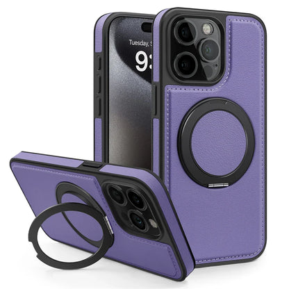 Magnetic Leather Case with 360 Degree Rotating Metal Ring Holder for iPhone 16 15 14