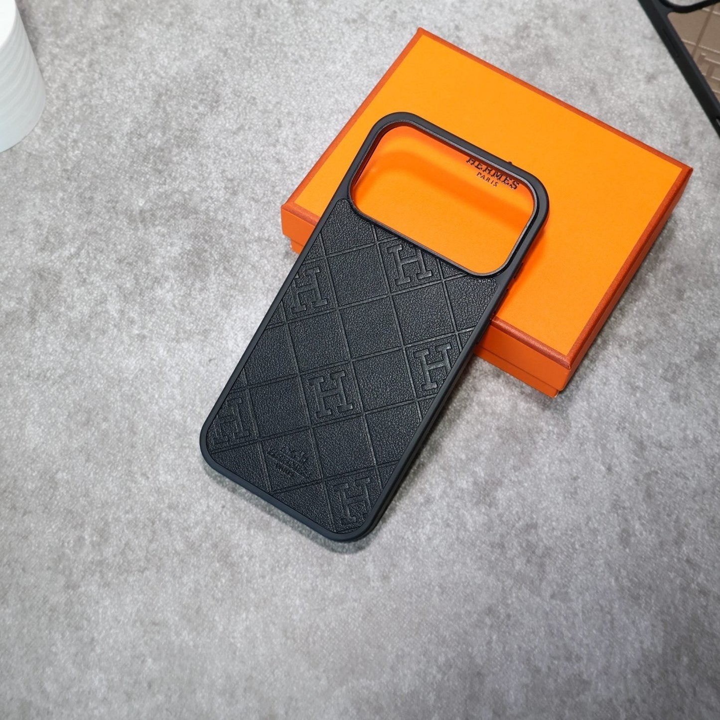 Stamped Leather H Phone Case  For iPhone 17 / 16 / 15 / 14