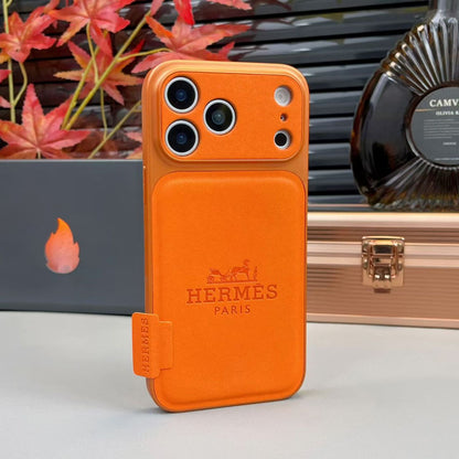 Premium Orange Hermes Leather iPhone Case with integrated card holder and luxury designer pattern