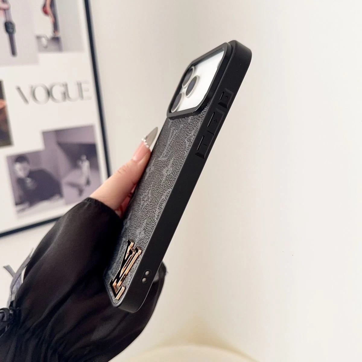 Luxury LV Leathe with Black Logo Phone Case for iPhone 12-18 Pro & Pro Max