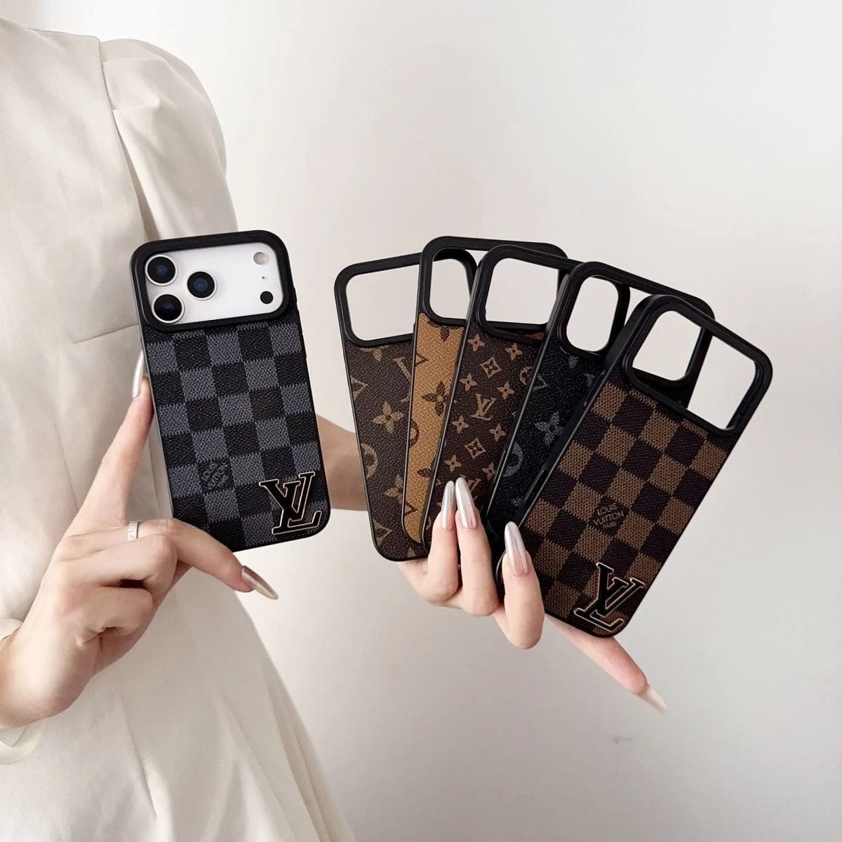 Luxury LV Leathe with Black Logo Phone Case for iPhone 12-18 Pro & Pro Max